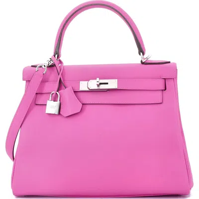 Pre-owned Hermes  Hermes Kelly Handbag Pink Evercolor With Palladium Hardware 28 In White
