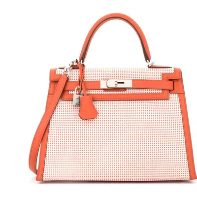 Pre-owned Hermes  Hermes Kelly Handbag Quadrille Canvas And Orange Swift With Palladium Hardware 28 In Brown