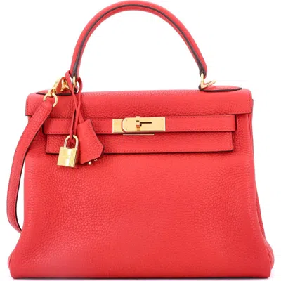 Pre-owned Hermes  Hermes Kelly Handbag Red Clemence With Gold Hardware 28