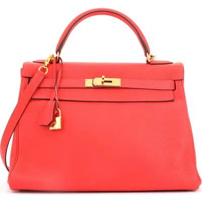 Pre-owned Hermes  Hermes Kelly Handbag Red Clemence With Gold Hardware 32
