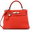 Pre-owned Hermes  Hermes Kelly Handbag Red Clemence With Palladium Hardware 28 In Red
