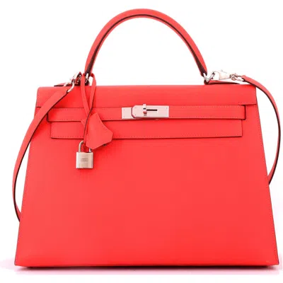 Pre-owned Hermes  Hermes Kelly Handbag Red Epsom With Palladium Hardware 32 In Purple