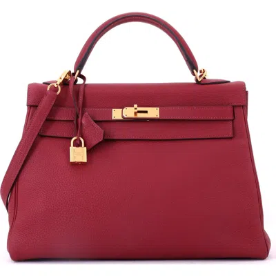 Pre-owned Hermes  Hermes Kelly Handbag Red Togo With Gold Hardware 32 In Burgundy