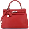 Pre-owned Hermes  Hermes Kelly Handbag Red Togo With Palladium Hardware 28 In Pink