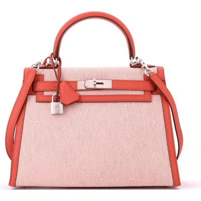 Pre-owned Hermes  Hermes Kelly Handbag Toile And Brown Swift With Palladium Hardware 28 In Pink