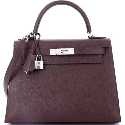 Pre-owned Hermes  Hermes Kelly Handbag Verso Epsom With Palladium Hardware 28 In Brown
