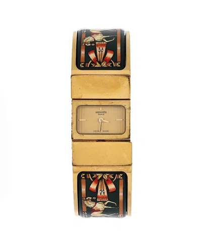 Pre-owned Pre-owned Hermes  Hermes Loquet Quartz Watch In Plated Metal And Printed Enamel 20mm In Gold