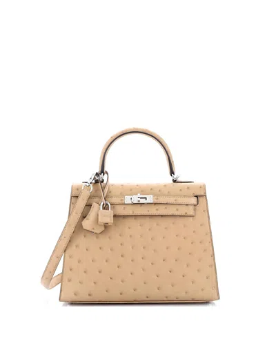 Pre-owned Pre-owned Hermes  Hermes  Hermes Kelly 25 Handbag Brown Ostrich With Palladium Hardware In Chai