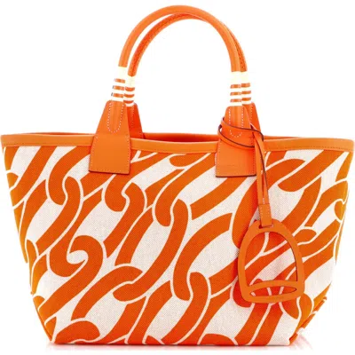 Pre-owned Hermes  Hermes Sac Steeple Tote Printed Toile With Leather 25 In Orange