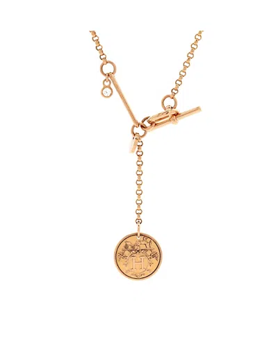 Pre-owned Pre-owned Hermes  Hermes Small Ex-libris Pendant Necklace 18k Rose Gold With Diamond, 15 - 16.75" In Pink