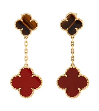 Pre-owned Pre-owned Van Cleef & Arpels  Van Cleef & Arpels Magic Alhambra 2 Motifs Drop Earrings 18k Gold With Tiger's Eye And Car