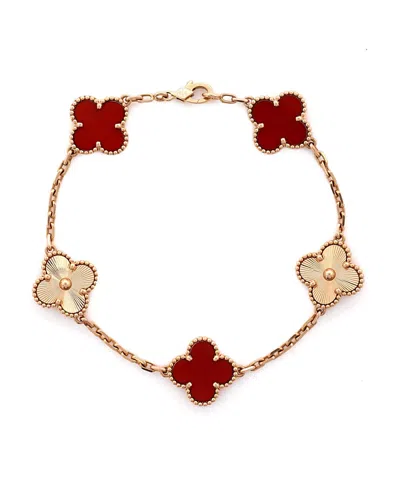 Pre-owned Pre-owned Van Cleef & Arpels  Van Cleef & Arpels Vintage Alhambra 5 Motifs Bracelet Guilloche 18k Rose Gold And Carnelia