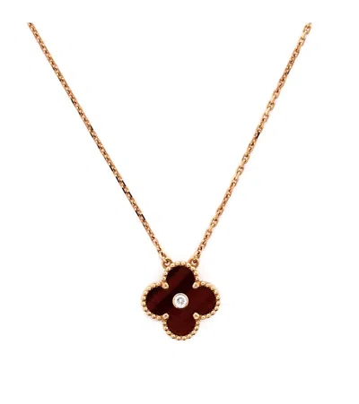 Pre-owned Pre-owned Van Cleef & Arpels  Van Cleef & Arpels Vintage Alhambra Pendant Necklace 18k Rose Gold And Tiger Eye With Diam In Pink