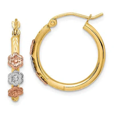 Pre-owned Precious 14k Polished & Satin Tri-color Flower Hoop Earrings Tf1508 In Gold