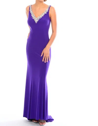 Precious Formals Beaded Floor-length Jersey Gown In Majestic Purple