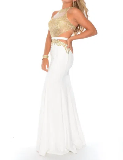 Precious Formals Beaded High Neck Evening Gown In Gardenia/gold In White