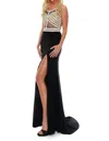 Precious Formals Beaded Mesh Jersey Evening Gown With Slit In Black/nude In Black