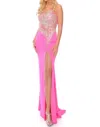 Precious Formals Beaded Mesh Stretch Crepe Evening Gown In Hot Pink In Pink