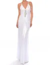 Precious Formals Diamond-adorned Halter Holographic Evening Gown In White Shimmer In White