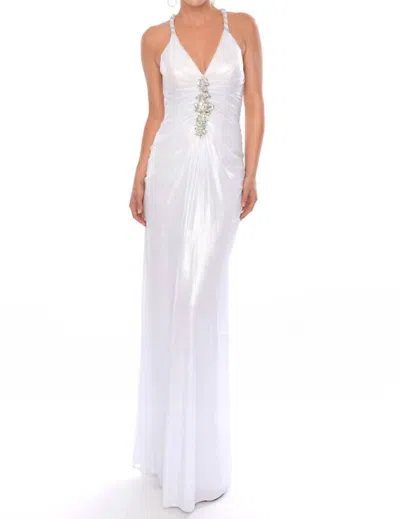 Precious Formals Diamond-adorned Halter Holographic Evening Gown In White Shimmer