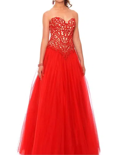 Precious Formals Embroidered Lace And Illusion Prom Dress In Red/nude