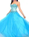 Precious Formals Fully-sheer Glitzy Ballgown In Turquoise In Blue