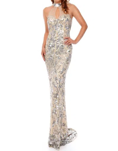 Precious Formals Halter Neck Illusion Sequin Evening Gown In Crystal Nude In Beige