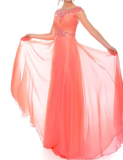 Precious Formals Hand Beaded Chiffon Illusion Prom Dress In Pink Coral