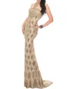 Precious Formals Hand Beaded Illusion Evening Gown In Vintage Gold In Brown
