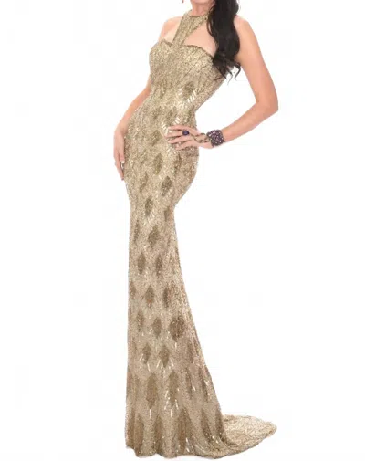 Precious Formals Hand Beaded Illusion Evening Gown In Vintage Gold In Brown
