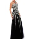 Precious Formals Hand Beaded Illusion Lace Prom Dress In Black/silver In Black