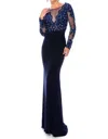 Precious Formals Jersey Lace Hand Beaded Prom Dress In Dark Navy In Blue