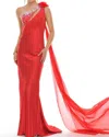 Precious Formals One Shoulder Charmeuse Beaded Evening Gown In Red In Red