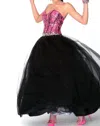 Precious Formals Sequin Corset Lace-up Back Ballgown In Black/fuchsia In Multi