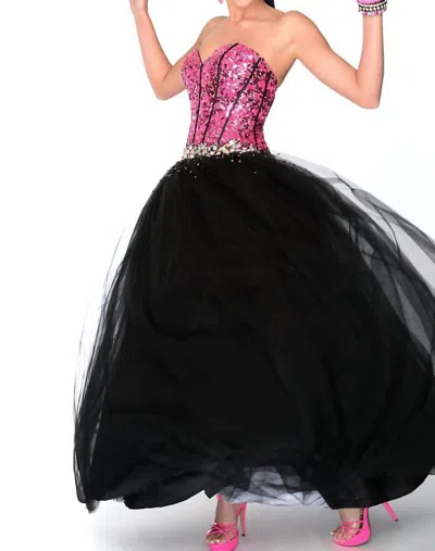 Precious Formals Sequin Corset Lace-up Back Ballgown In Black/fuchsia