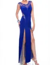 Precious Formals Sheer-paneled Evening Gown With Walking Slits In Royal/nude In Blue