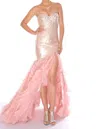 Precious Formals Shimmery Lace-back Slim Ruffled Gown In Dusty Pink In Multi