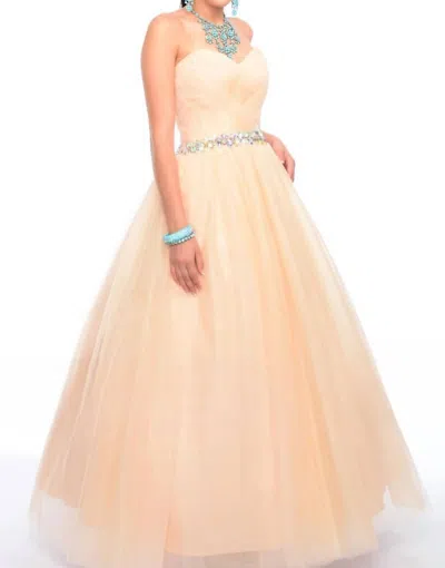 Precious Formals Shimmery Waistline Beadwork Strapless Ballgown In Nude In Beige