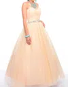 Precious Formals Shimmery Waistline Beadwork Strapless Ballgown In Nude In Brown
