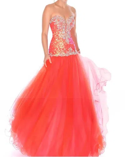 Precious Formals Stone And Crystal Studded Ball Gown In Coral In Orange