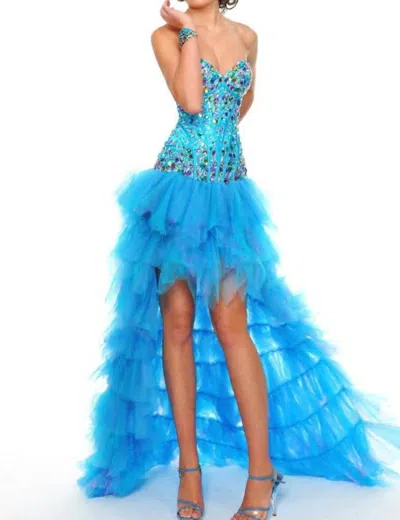 Precious Formals Strapless Beaded Tulle Prom Gown With Removable Overskirt In Turquoise/pink In Blue