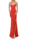 Precious Formals Stretch Satin Gown With High Slit In Red In Orange