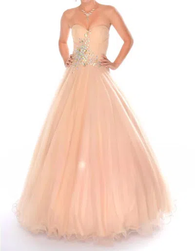 Precious Formals Sweetheart Strapless Beaded Ballgown In Nude In Beige