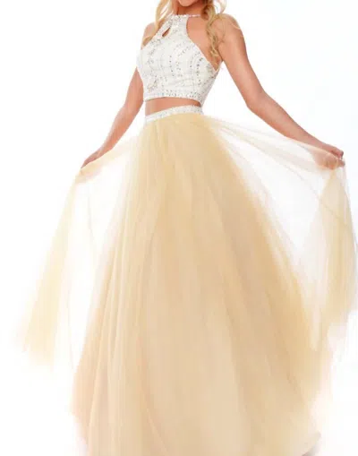 Precious Formals Two Piece Beaded Halter Evening Gown In White/nude