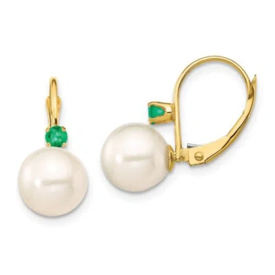 Pre-owned Precious Jewelry Women's Earrings 8-8.5mm White Fwc Pearl Emerald Leverback Xf752e/e