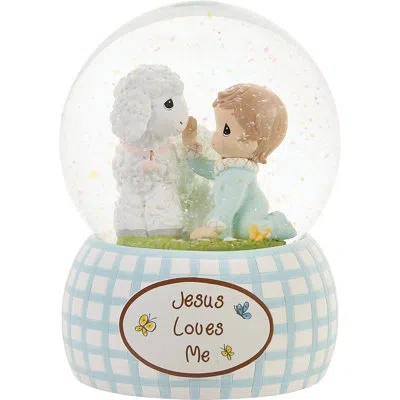Precious Moments Baby Boy With Lamb Jesus Loves Me Musical Snow Globe Waterball 5.5 Inch In Blue