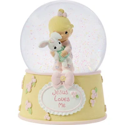 Precious Moments Baby Girl Holding A Bunny Jesus Loves Me Musical Snow Globe Waterball  5.71 Inch In Yellow