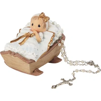 Precious Moments Baby In Cradle Baptism 2-piece Rosary And Covered Trinket Box Set 3 Inch In Brown