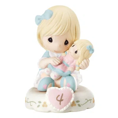 Precious Moments Blonde Birthday Girl Holding Doll Age 4 Figurine 3.74 Inch In Blue;yellow;pink