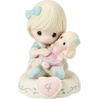 Precious Moments Blonde Birthday Girl Holding Doll Age 4 Figurine 3.74 Inch In Yellow